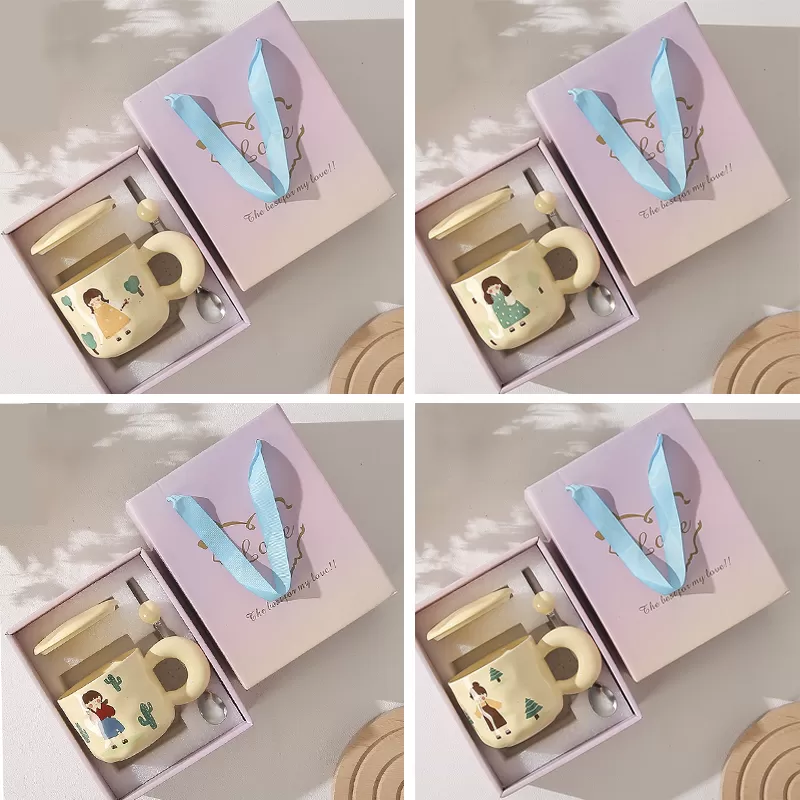 Bộ hộp quà cốc sứ Comic Girl 400ml kèm nắp, thìa inox