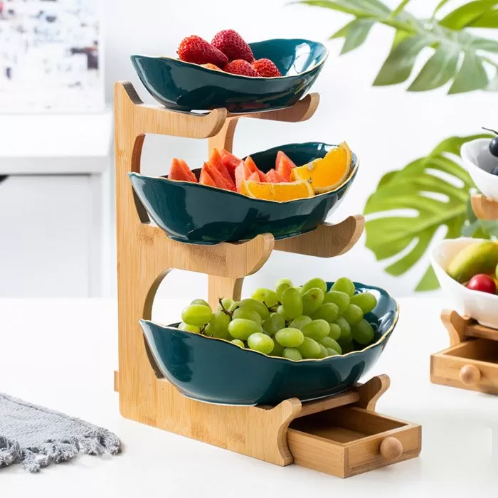 Bộ đĩa sứ giá gỗ đựng bánh mứt hoa quả có ngăn kéo