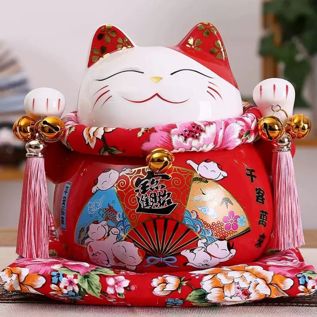Mèo thần tài đỏ giơ 2 tay Mãn Niên Sung Túc