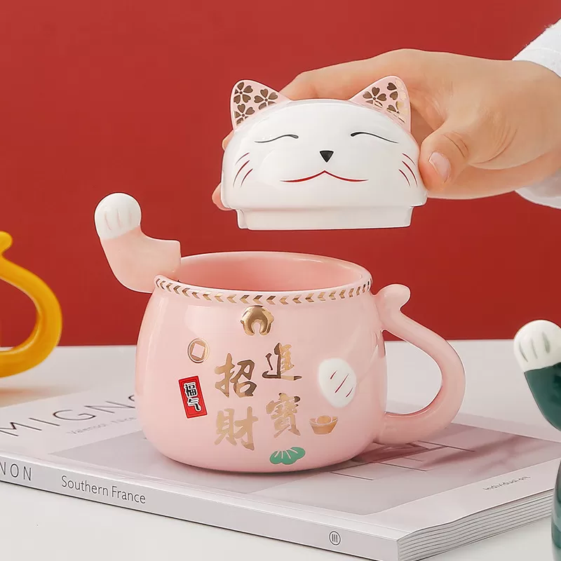 Cốc sứ hình Mèo thần tài 360ml kèm thìa inox