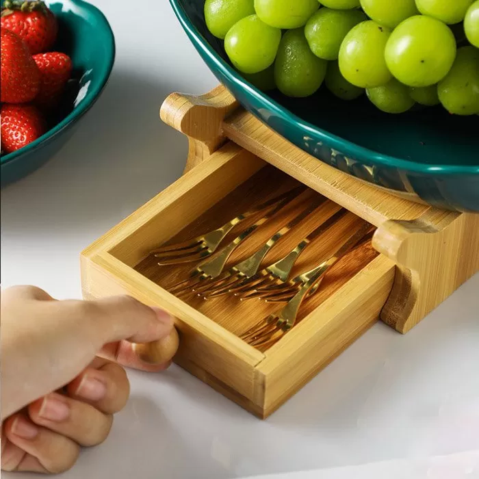 Bộ đĩa sứ giá gỗ đựng bánh mứt hoa quả có ngăn kéo