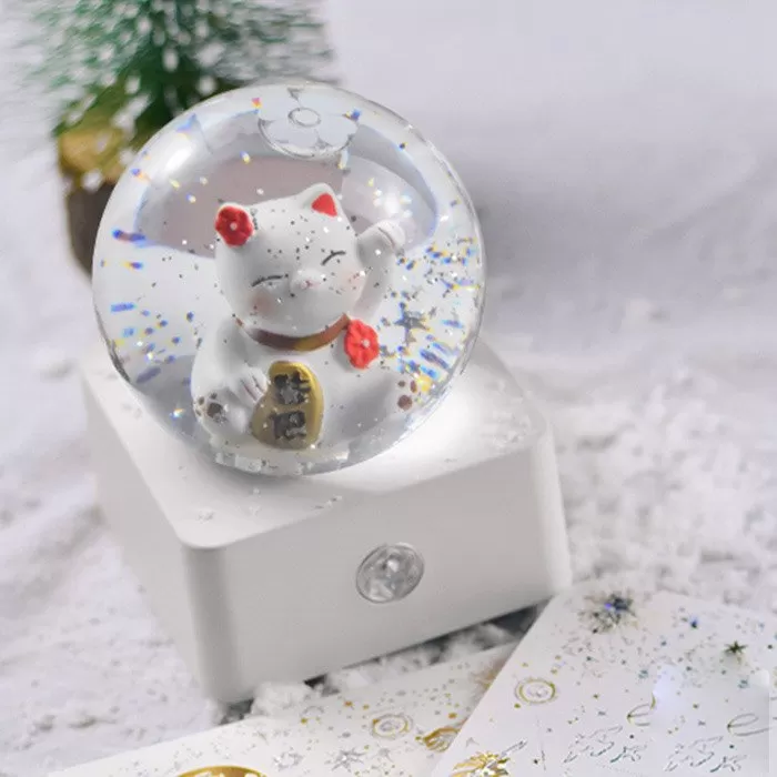 Hộp nhạc quả cầu pha lê tuyết kim sa - Mèo may mắn