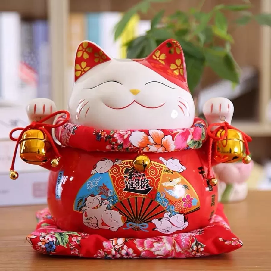 Mèo thần tài đỏ giơ 2 tay Mãn Niên Sung Túc 25cm